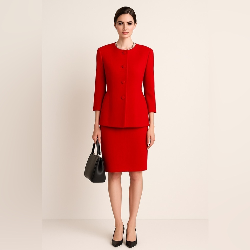 Vintage Dana Buchman red 2-piece skirt suit, front button. Size 10P